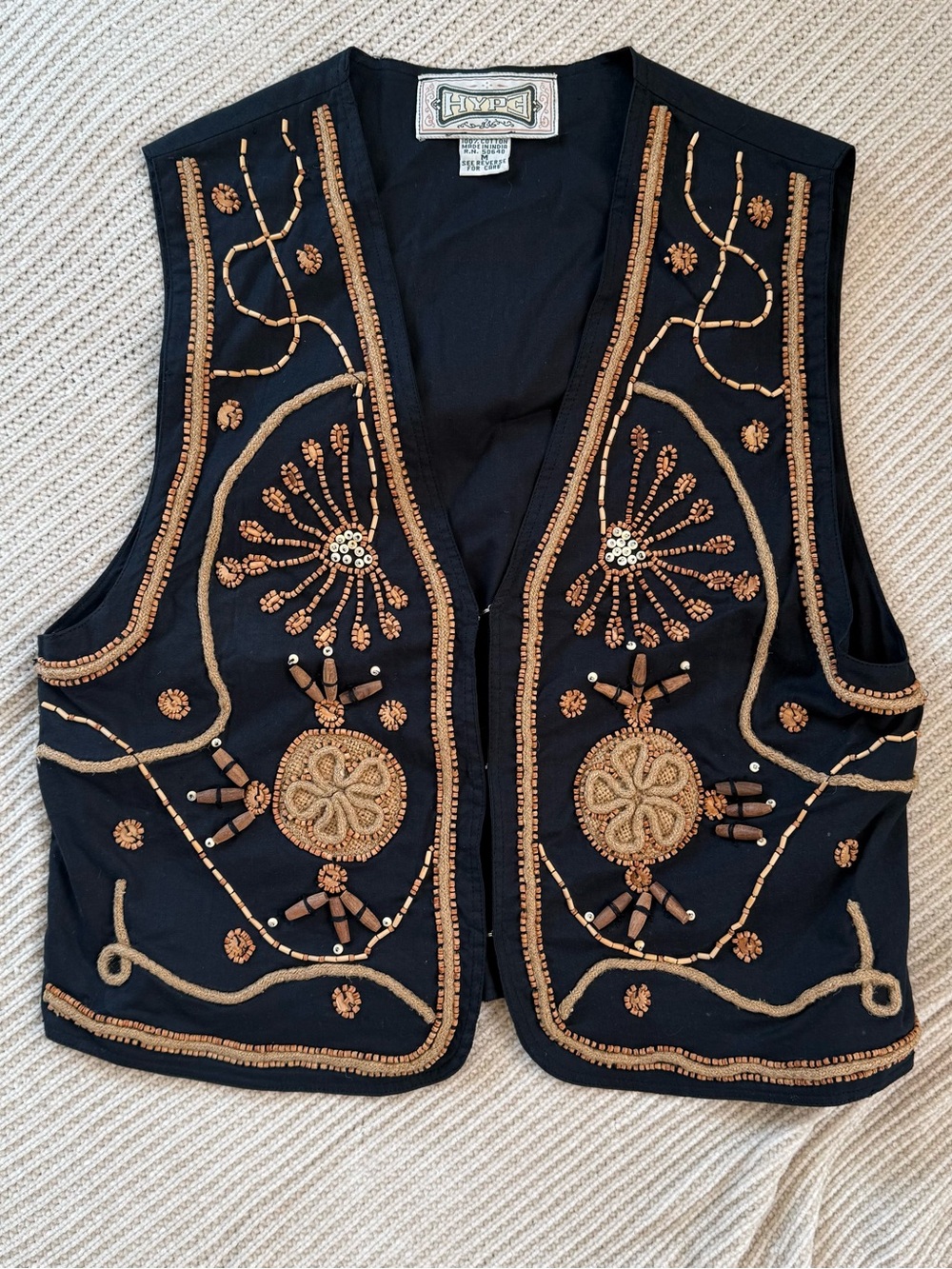 Vintage Hype NY Black Embroidered Beaded Vest Southwestern Boho Cowgirl Medium